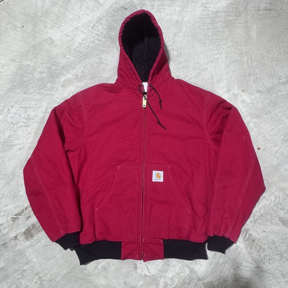 Vintage Carhartt J04 RED Hooded Active Jacket Mens L Quilt Lined Union Made USA